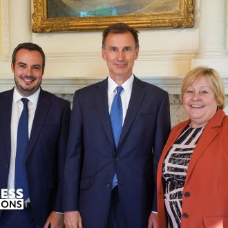Julie Hawker with simon Jupp and Jeremy Hunt  at number 10 Downing Street discussing digital business leadership and the devon community